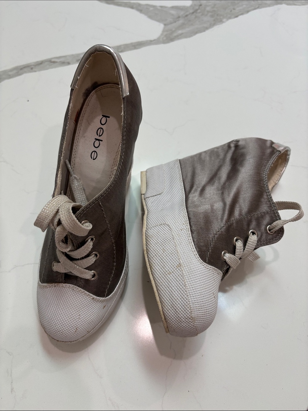 bebe Taupe and Cream Lace-Up Platform Sneakers